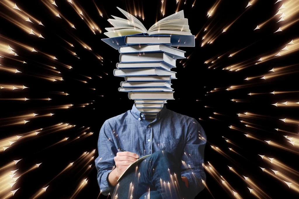 O imagine ce conține un corp uman cu capul sub forma unor cărți.